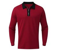 Polo pour homme à manches longues uni avec fermeture éclair - Chemise décontractée longue et solide - Chemisier à revers pour le travail, les vacances, la marche en plein air, bordeaux, M