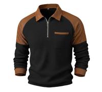Polo pour homme avec poche - Coupe décontractée - Sans plis - Durable - Haut de sport avec poche zippée 1/4 - Col basculant - T-shirt à manches longues - Printemps et automne, Noir , 3XL