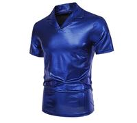 Polo pour homme - En cuir synthétique - Manches courtes - Chemise métallique - En cuir synthétique - À l'huile - Brillante - Pour les années 70 - Disco - Années 80 - Pour discothèque - Pour club de