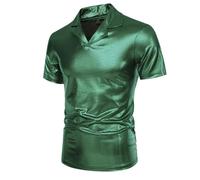 Polo pour homme - T-shirt à manches courtes - Argenté - Style années 70 et 80 - Col en V - Chemise fine - Bronzing - Clubwear - Chemise de loisirs - Robe de soirée discothèque, vert, XXL