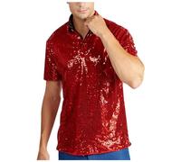 Polo pour homme Tenue disco brillante Chemise à paillettes années 70 Crazy Funny Euphorie Costume de proxénètes Chemise de loisirs Chemise à paillettes Vintage Chemise traditionnelle, rouge, M
