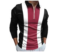 Polo rayé à manches longues pour homme avec fermeture éclair 1/4 - Coupe ajustée - Col extensible, Polo rouge à manches longues pour hommes, M