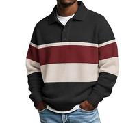 Polo rayé basique pour homme 2026 Printemps Automne de Frontière Rayé horizontal mi-jeune à revers moyen Chemise câlin Chemise Henley pour homme T-shirt de golf 2026, Noir , XXL