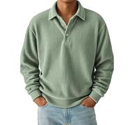Polo rayé en velours côtelé à manches longues pour homme - Léger - Respirant - Performance - Pull de travail décontracté, vert clair, XL
