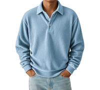 Polo rayé en velours côtelé à manches longues pour homme - Léger - Respirant - Performance - Pull de travail décontracté, bleu ciel, XXL