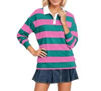 Polo rayé pour femme à manches longues et revers - Rouge et blanc - Doux et confortable - Pull avec col polo - Oversize - Respirant - Pour l'automne et l'hiver, O Rose chaud, XL
