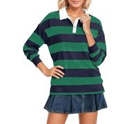 Polo rayé pour femme à manches longues et revers - Rouge et blanc - Doux et confortable - Pull avec col polo - Oversize - Respirant - Pour l'automne et l'hiver, O Vert., M