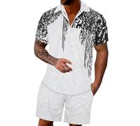 Polo Respirant Homme,Ensemble Deux PièCes DéContracté pour Hommes Rayé DéGradé Imprimé Rampe Fermeture éClair Manches Courtes Haut Chemisier Cordon De Serrage Poche Ensemble Court