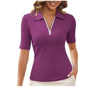 Polo uni à manches courtes et polo, haut en tricot côtelé, fermeture éclair, col en V, polo pour femme, t-shirt de travail professionnel, chemisier élégant et tunique, t-shirt léger à manches courtes