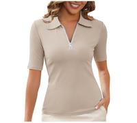 Polo uni à manches courtes et polo, haut en tricot côtelé, fermeture éclair, col en V, polo pour femme, t-shirt de travail professionnel, chemisier élégant et tunique, t-shirt léger à manches courtes