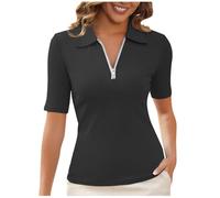 Polo uni à manches courtes et polo, haut en tricot côtelé, fermeture éclair, col en V, polo pour femme, t-shirt de travail professionnel, chemisier élégant et tunique, t-shirt léger à manches courtes