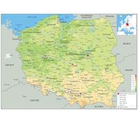 Pologne physiques Map - Papier laminé [GA] A2 Size 42 x 59.4 cm