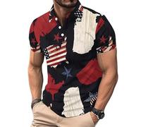 Polos à Manches Courtes de Loisirs pour Hommes Été États-Unis Drapeau National Motif imprimé Golf T-Shirt Casual Boutonné Col à Revers Pull Tee Tops