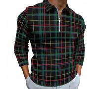 Polos à manches longues pour hommes - Buffalo Plaid Vert Foncé Hommes Automne Golf T-shirts Décontractés avec Fermeture Éclair, Style 30, Taille XL