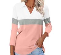 Polos classiques en coton piqué pour femme - Manches 3/4 - Col en V boutonné - T-shirts de travail à col - Hauts fantaisie rayés - Blocs de couleur - Patchwork - Chemises de sport, golf, tennis