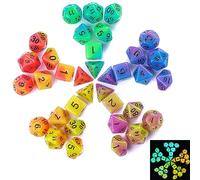 Poludie Lot de 5 dés DND phosphorescents, 35 dés polyédriques lumineux avec 1 sac de dés en cuir, dés D&D lumineux pour Donjons et Dragons, RPG, jeux de table MTG (5 ensembles/35 dés brillants)