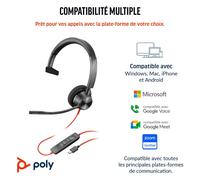 Micro-casque Blackwire 3310 monaural USB-C certifié Microsoft Teams + adaptateur USB-C/A