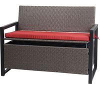 Poly-Rattan Banc 2 places HWC-F39, Banc de jardin coffre, rangement Coussin d'assise ~ gris chiné, coussin rouge