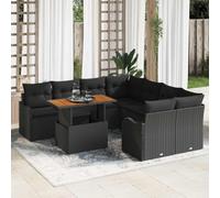 Poly rotin résistant à l'eau ensemble 9 pièces noir 100x55x73 cm | Ensemble de canapé de jardin 9 pcs Noir Poly rotin Salon exterieur avec accoudoirs beiges