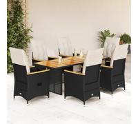 Poly rotin résistant aux intempéries ensemble bistro réglable noir | Ensemble Bistro Jardin 7 Pieces Poly Rotin Noir Fauteuil Inclinable Coussin Amovible Table Acacia