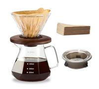 Polydremio Verser Over Cafetière en verre borosilicate avec 100 filtres en papier taille 02, poignée en noyer et couvercle en verre, 600 ml, transparent