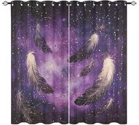 Polyester Rideaux Occultants 2 Panneaux 75L X 166H cm, Rideau Oeillets Imprimé Plume éToiléE,Rideaux Lsolant Thermique Ciel éToilé Violet Draperies pour Chambre d'enfant et Salon Décore