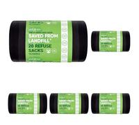 Polylina - Sacs poubelle, 75 litres, 20 sacs poubelle noirs avec poignée à nouer, sacs poubelle 100% plastique recyclé, usage quotidien, ménage, bureau et déchets de cuisine (Lot de 5)