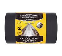 Polylina - Sacs poubelle extra solides, 75 litres, 20 sacs noirs en plastique de qualité supérieure avec poignées à nouer, pour usage quotidien intérieur et extérieur