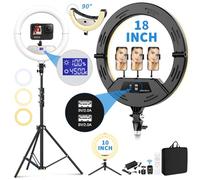 PolyPower Anneau lumineux LED de 45,7 cm pour iPhone avec trépied et 3 supports de téléphone, réglable 2700-6500 K, anneau lumineux avec télécommande pour TikTok, YouTube, appareil photo, vidéo,