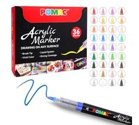 POMAC 36 couleurs Marqueurs de peinture acrylique, stylos à peinture acrylique à base d'eau avec embout pinceau, stylos de peinture liquide pour art et dessin sur tissu, toile, roche, verre, bois