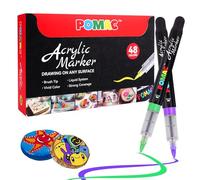 POMAC 48 couleurs Marqueurs de peinture acrylique, stylos à base d'eau avec pointe de brosse, stylos de peinture liquide pour art et dessin sur tissu, toile, roche, verre, bois, papier, loisirs