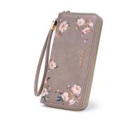 Pomelo Best Grand portefeuille pour femme - Format long - Motif fleurs en relief - Fermeture éclair - Avec blocage RFID et de nombreux compartiments - Camelie greige
