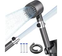 Pommeau de Douche anti Calcaire,Pommeau de Douche Haute Pression avec Tuyau Douche 1.5M et Support de Douche, Pommeau de Duche Economie Deau avec Filtre 4 Types de Jets avec Bouton D'arrêt D'eau Gris