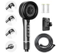 Pommeau de Douche avec Brossette de Massage et Filtre Anti-Calcaire - Tête de Douche avec 4 Fonctions de Pulvérisation, Support Mural et Tuyau de 1,5m (Noir) - Kit Complet Économie d'Eau