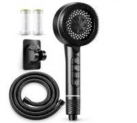 Pommeau de Douche avec Filtre & Brossette Massage, 4 Jets, Tuyau 1,5m Noir | 4 jets, brossette de massage en silicone, filtre anti-calcaire 3 étapes, fonction arrêt. Kit avec tuyau 1,5m & support.