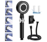 Pommeau de douche avec tuyau de 1,5 m, douchette à économie d'eau, 5 types de jet haute pression, pommeau de douche à effet pluie, fonction stop, noir, avec 2 filtres en polypropylène