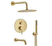 Pommeau de douche de luxe doré de 25,4 cm et poignée - Double système de douche moderne avec robinet de baignoire et pulvérisateur à main - Valve de douche complète et kit de garniture de salle de