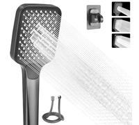 Pommeau de Douche Haute Pression, 3 Modes, Pommeau de Douche Economie Deau, Grand Douchette Douche, avec Tuyau et Socle (Gris)