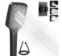 Pommeau de Douche Haute Pression, 3 Modes, Pommeau de Douche Economie Deau, Grand Douchette Douche, avec Tuyau et Socle (Noir)