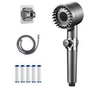 Pommeau de Douche Haute Pression Économique, Flexible PVC 1.5m, 4 Jets Réglables + Filtre Anti-Calcaire, Bouton Stop, Support Murale - Chrome