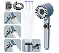 Pommeau de Douche Haute Pression,Pommeau de Douche Anti Calcaire Filtrant - Douchette 3+1 Jets avec Bouton Pause, Douche Tuyau 1.5M avec Support Mural et 3 Filtres-Idéal pour Eaux Dures (Bleu)