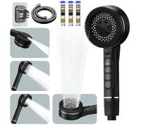 Pommeau de Douche Haute Pression, Pommeau Douche avec Filtre anti Calcaire, Douchette douche salle de bain avec Tuyau 1.5M et Support, 4 Types de Jets avec Bouton D'arrêt D'eau, Noir Profond