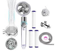 Pommeau de douche hydrojet haute pression avec ventilateur turbo de rechange, support, filtres en coton et luffa de bain, interrupteur de pause à une touche rotatif à 360 degrés, gris transparent