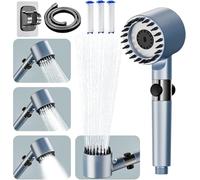 Pommeau de Duche Haute Pression, Pommeau de Douche Anti Calcaire avec 4 Modes de Jet,Pomme Duche Economie Deau avec Tuyau Douche 1.5M et Support, Salle de Bain Réglable Bouton D'arrêt D'eau,Bleu