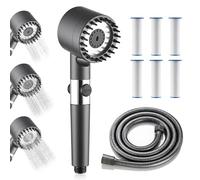 Pommeau de Duche Haute Pression, Pommeau de douche haute pression avec tuyau 1.5M & 6 Cartouche Remplaçable, Douchette douche salle de bain avec 3 Modes de Jet, Bouton d'Arrêt Instantané, Gris