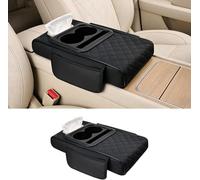 Pomodee Coussin d’accoudoir de Voiture Universel Multifonction,Housse Console Centrale avec Poches et Porte-gobelet - rehausseur en Mousse mémoire,Cuir synthétique PU,pour Voitures,SUV,camions (Noir)