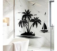 Pomodee Stickers Muraux Île Tropicale Silhouette Autocollant Mural TV | Décoration Murale île tropicale silhouette noire, stickers muraux palmier voilier, autocollant mural salon TV