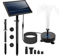 Pompe à eau solaire avec 5 LED de couleur Kit de buses 7pcs Pompe de fontaine solaire 170L/H Débit maximum 40-60cm Hauteur de pulvérisation avec batterie intégrée Câble de 9.8ft Panneau mural et encas