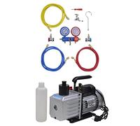 Pompe à vide 100 l/min avec manomètre de distribution 2 voies pour climatiseurs, boîtier en aluminium, puissance du moteur 220 V, 1/2 HP avec mallette de transport et bouteilles d'huile