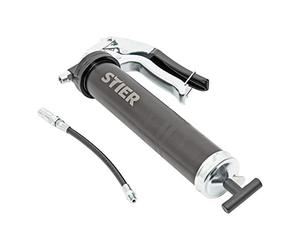 Pompe de graissage à une main STIER avec tuyau en nylon, pression de service 410 bars, compatible avec toutes les cartouches de graisse courantes, poignée revolver ergonomique antidérapante, pistolet